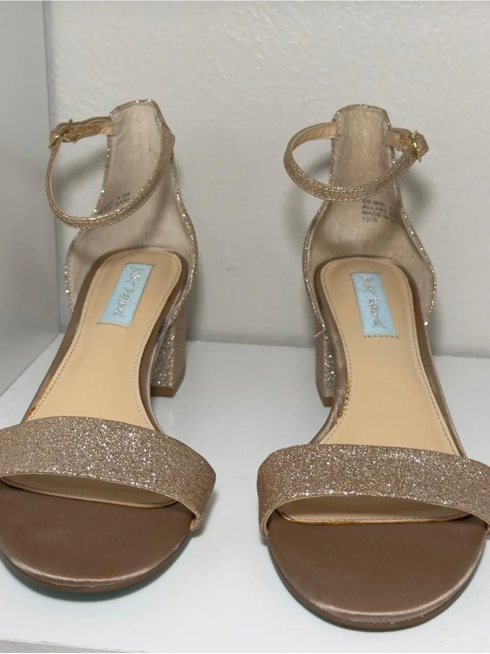 Betsey Johnson Rose Gold Glitter Block Heel Sandals